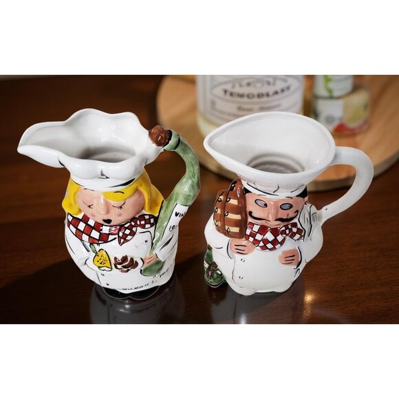vintage fat chef pair of woman and man chef 32oz.ea ceramic pitchers. - Picture 8 of 11